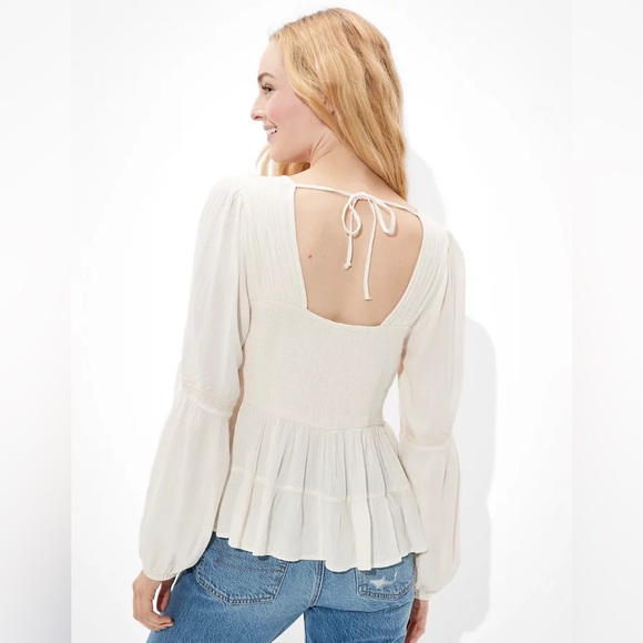 American Eagle Women’s Medium Embroidered Tunic Top Long Sleeves Tiered Boho - Picture 2 of 9